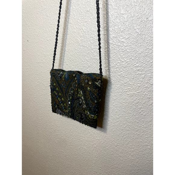 VTG Georgiou Studio Silk Beaded Mini Green & Blue Purse W/ Long Beaded Strap - Picture 12 of 12
